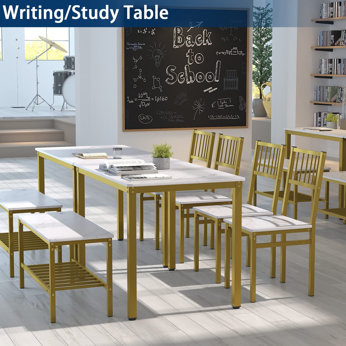 Teraves Dining Table Set for 4/Computer Desk,Kitchen Table with 2 Chairs and a Bench,Table and Chairs Dining Set 4 Picce Set for Dining Room (White Marbling+ Gold Frame,110CM)
