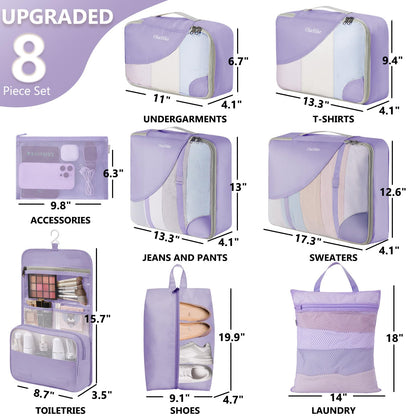 8 Set Packing Cubes for Travel, Gifts for Women Mom,Anti-Tearing Suitcase Organizer for Luggage with Shoe & Hanging Toiletry Bag,OlarHike Vacation Essentials & Accessories for Cruise Ship