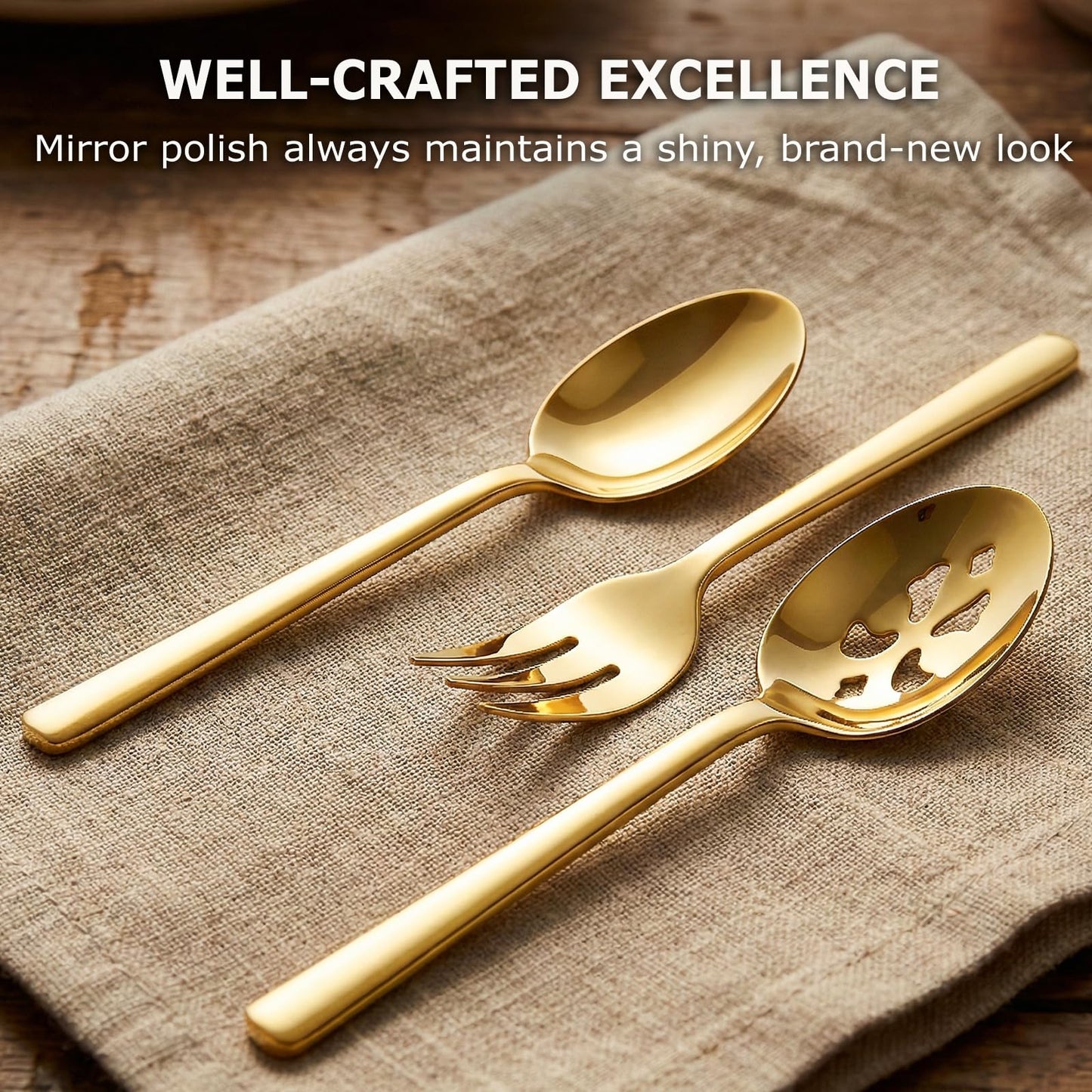 Serving Spoon x 2,Slotted Serving Spoon x 2,Serving Forks x 2,RTT 9 Inch Stainless Steel Catering Serving Utensils for Party Buffet Dinner Banquet Kitchen Basics (Golden Titanium Finish)
