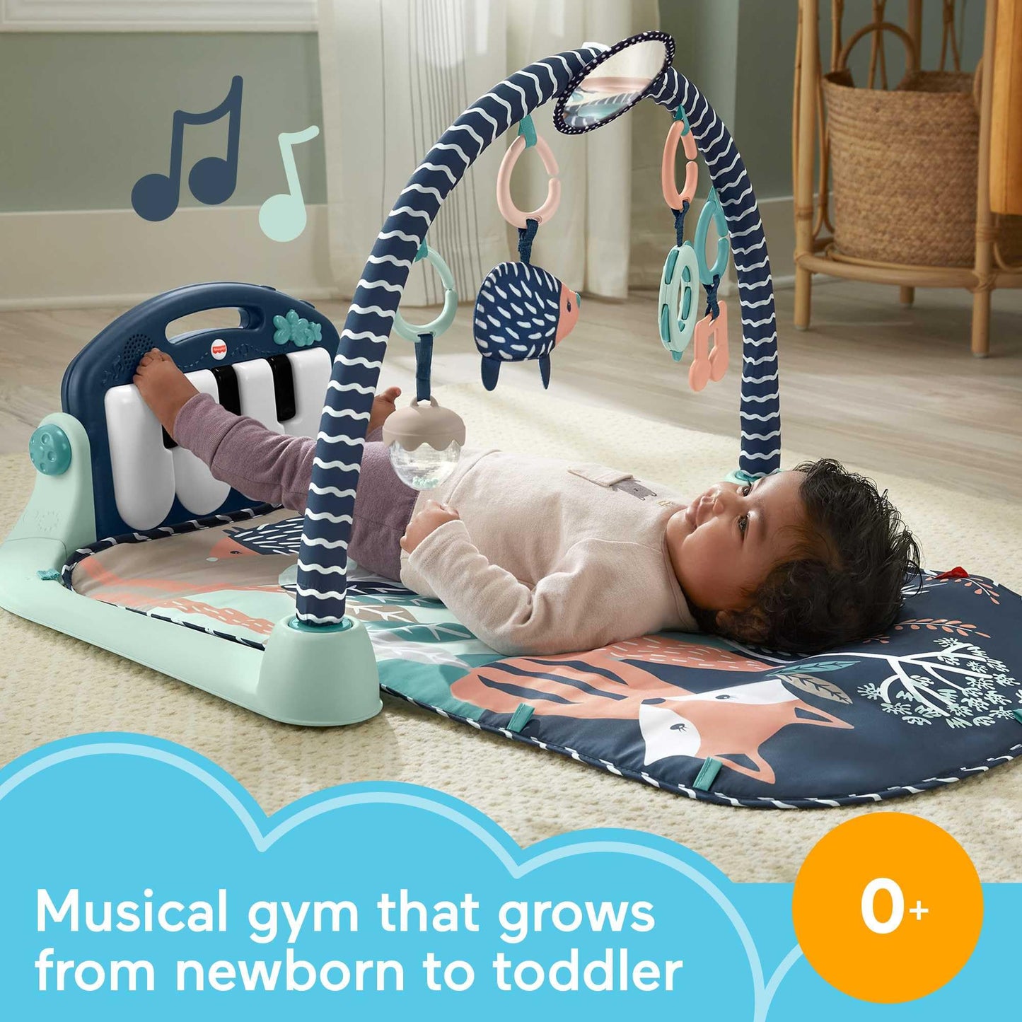 Fisher-Price Baby Playmat Kick & Play Piano Gym with Musical and Sensory Toys for Newborn to Toddler, Navy Fawn, HKX37