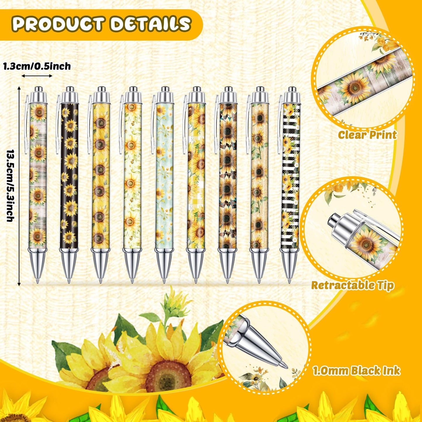 Saypacck 18 Pcs Sunflower Desk Accessories, 9 Pads Cute Sticky Notes, 9 Kawaii Pens, 3 x 3 Inches Notepads Memo Pad for Office Supplies Meeting Students School Decor Teacher Gifts
