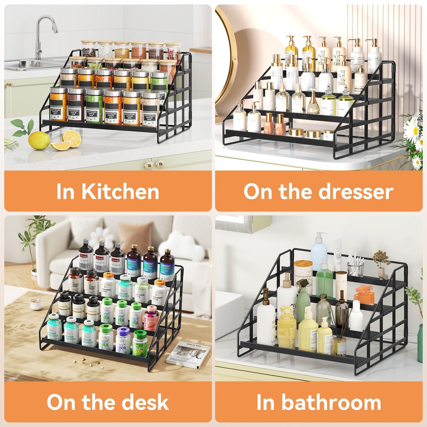 Bunoxea 4 Tier Adjustable Spice Rack for Cabinet & Countertop, Black