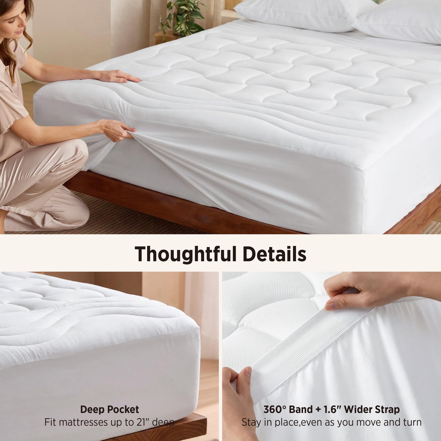 Bedsure Waterproof Mattress Protector Queen Size - Quilted Fitted Waterproof Mattress Pad Topper with 8-21 Inches Deep Pocket, Noiseless Bed Cover Padded, Machine Washable,White, 60x80 Inches