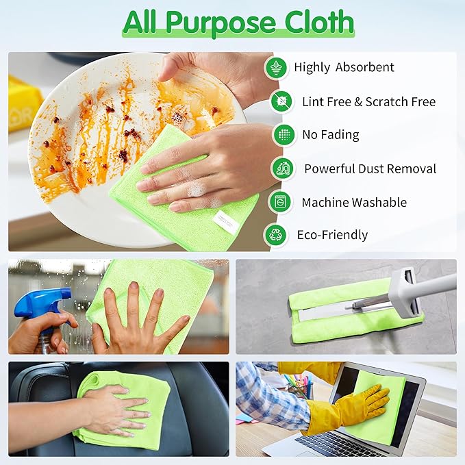 FIXSMITH Sage Green Microfiber Cleaning Cloth -Pack of 8, Highly Absorbent