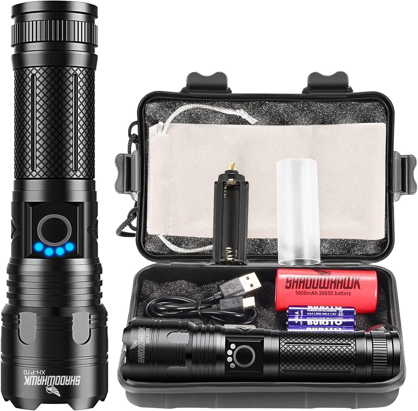 Shadowhawk Torches LED Super Bright, Rechargeable LED Torch P70 450000 Lumens Powerful Flashlight Rechargeable Battery Torch for Dog Walking Hiking Emergency Gift