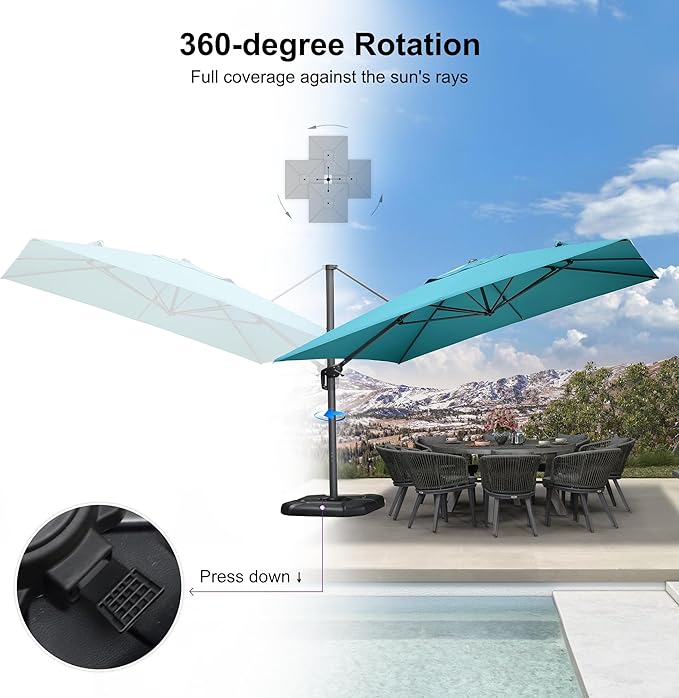 PURPLE LEAF 11.5' X 11.5' Telescopic Patio Umbrella with Base Included Lifting Cantilever Offset Square Large Umbrella for Pool Outdoor Patio Deck Garden Turquiose