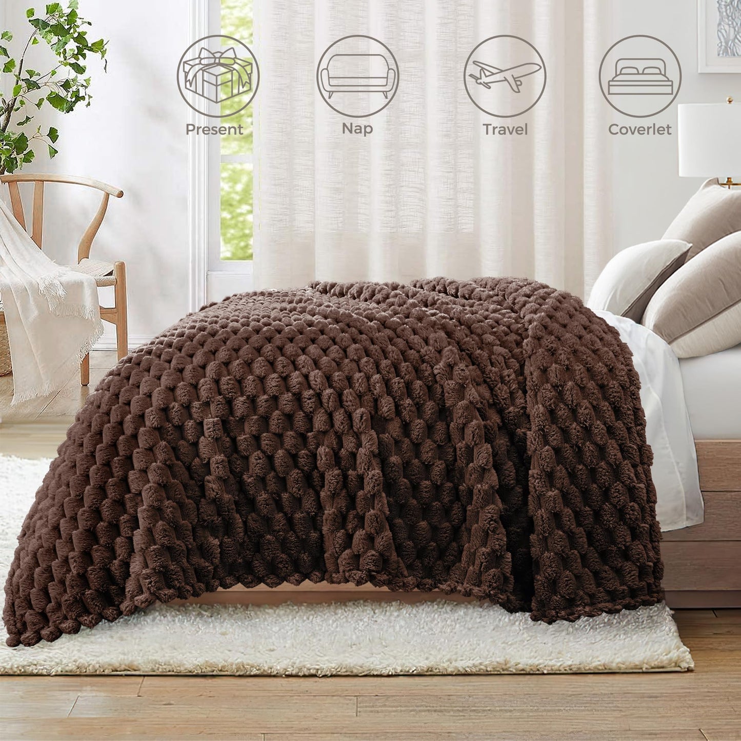Whale Flotilla Fleece Throw Blanket for Couch or Bed, Luxury Super Soft Lightweight Summer Blanket, 3D Jacquard Cozy Fluffy Plush Decorative Sofa Chair Blanket for Mom Dad, 50x60 Inch, Coffee