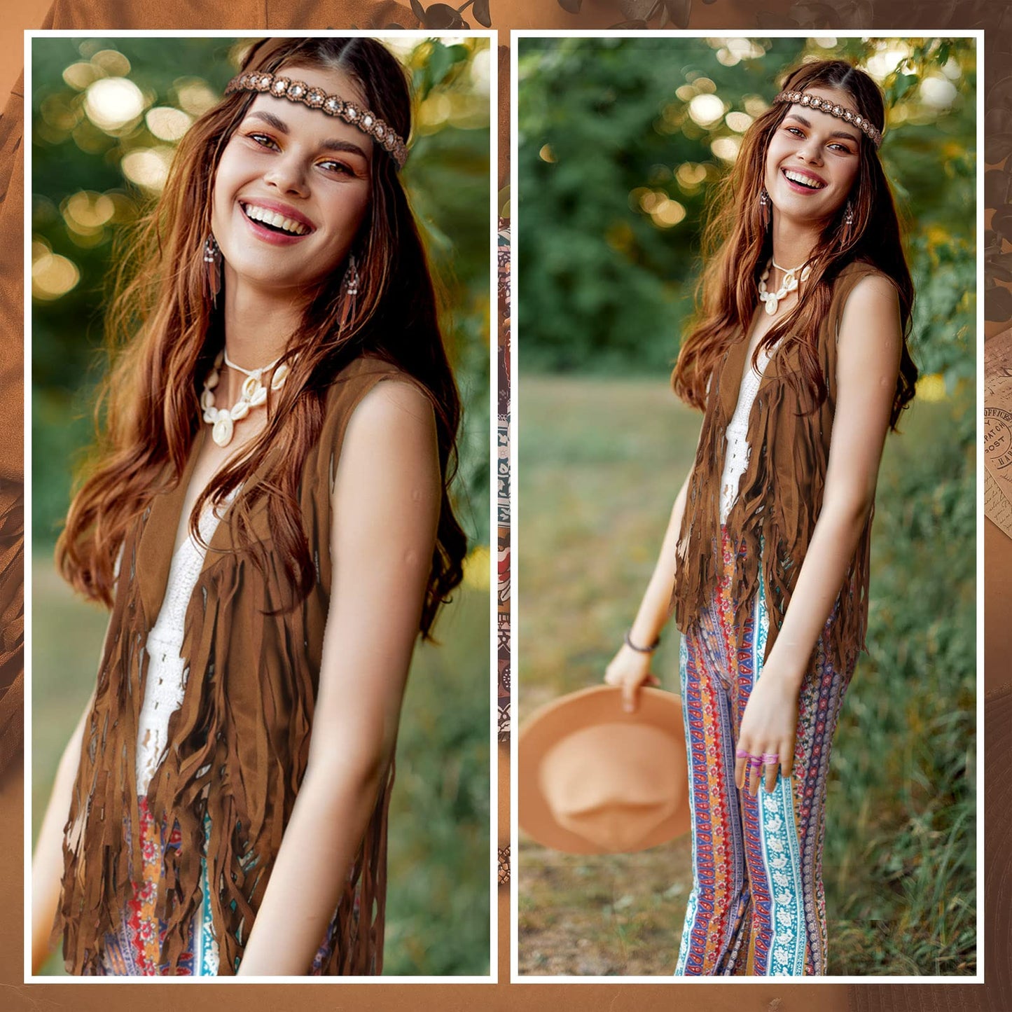 Leumoi 5 Pcs 60s 70s Costume for Women Disco Outfits Hippie Accessories Fringe Vest Boho Flared Pants Set for Halloween(XX-Large,Retro)