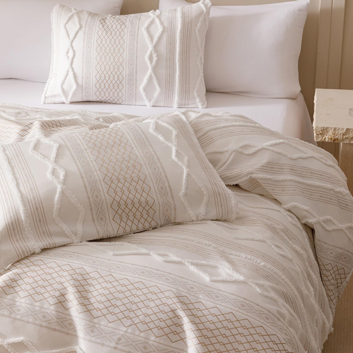 KAREVER Ivory Boho Comforter Set Full Mixed Textures Jacquard Bedding Set Durable Chic and Stylish Bedroom Set