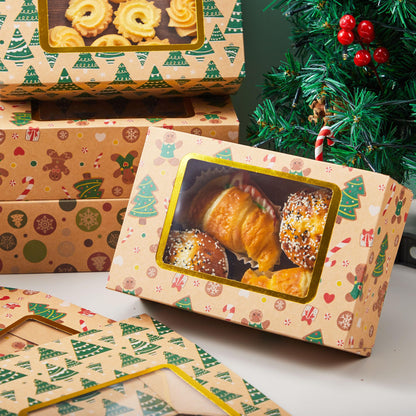 JOYIN 12 PCS Foiled Christmas Cookie Boxes for Gift Giving, 8.75" x 5.75" x 2.75” Bakery Boxes with Window, 3 Design Brown Kraft Cardboard Treat Box for Xmas Holiday Pastries Cupcakes Doughnut Wrap