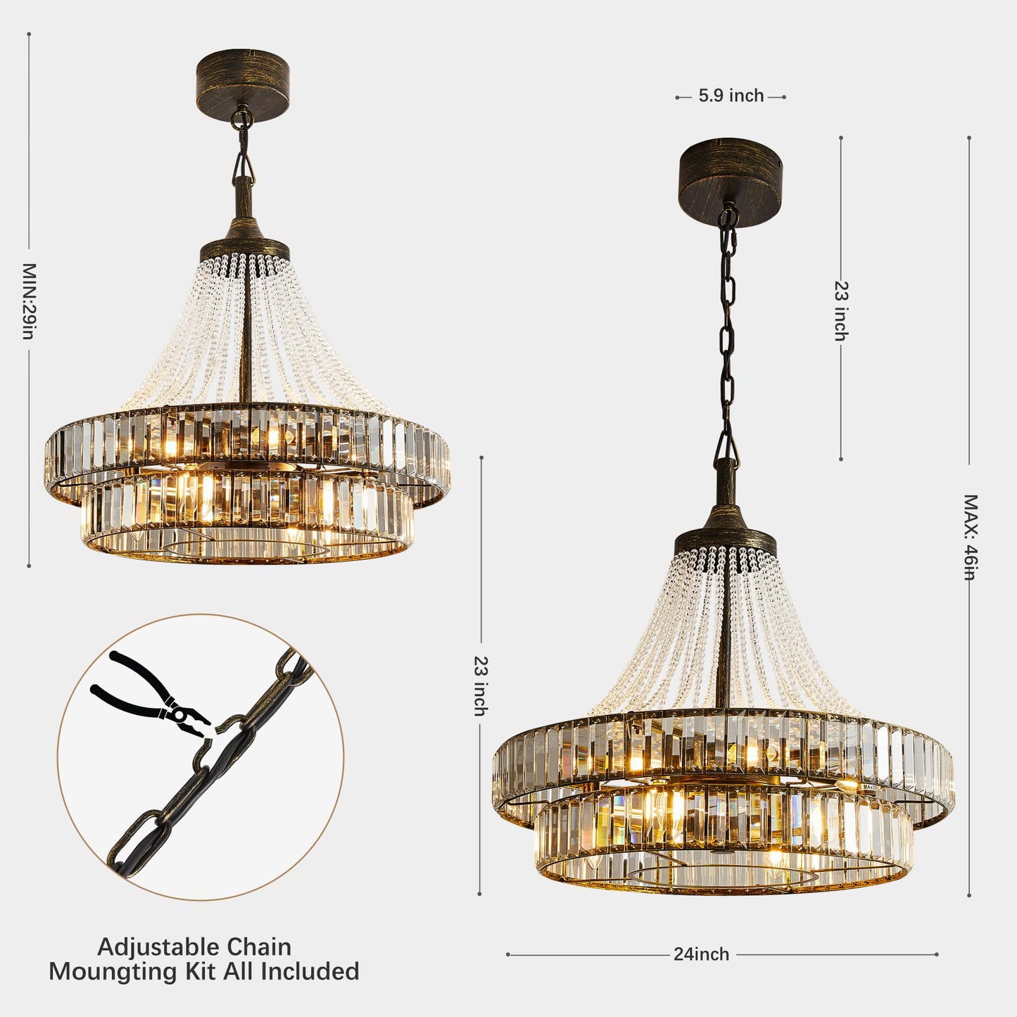 HEMLDAN 24" Modern Crystal Caged Fandelier, Smart Chandelier Fan with Remote and APP Control, Double Layer Ceiling Fan with Light for Dining Living Room Bedroom, Italian Design-Black Gold