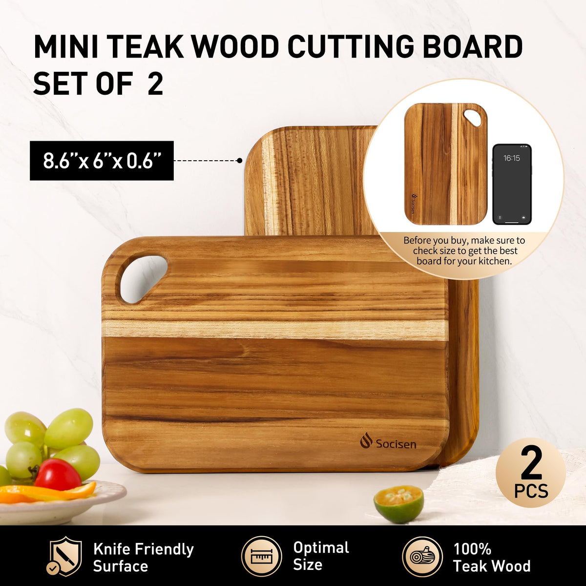 2 Pack Small Teak Wood Cutting Board for Kitchen 8.6" x 6" Mini Wooden Charcuterie Boards Lightweight Chopping Board Non Toxic Serving Board Tiny Chef Set Camping Fruit Lemon Sandwich Cheese Board