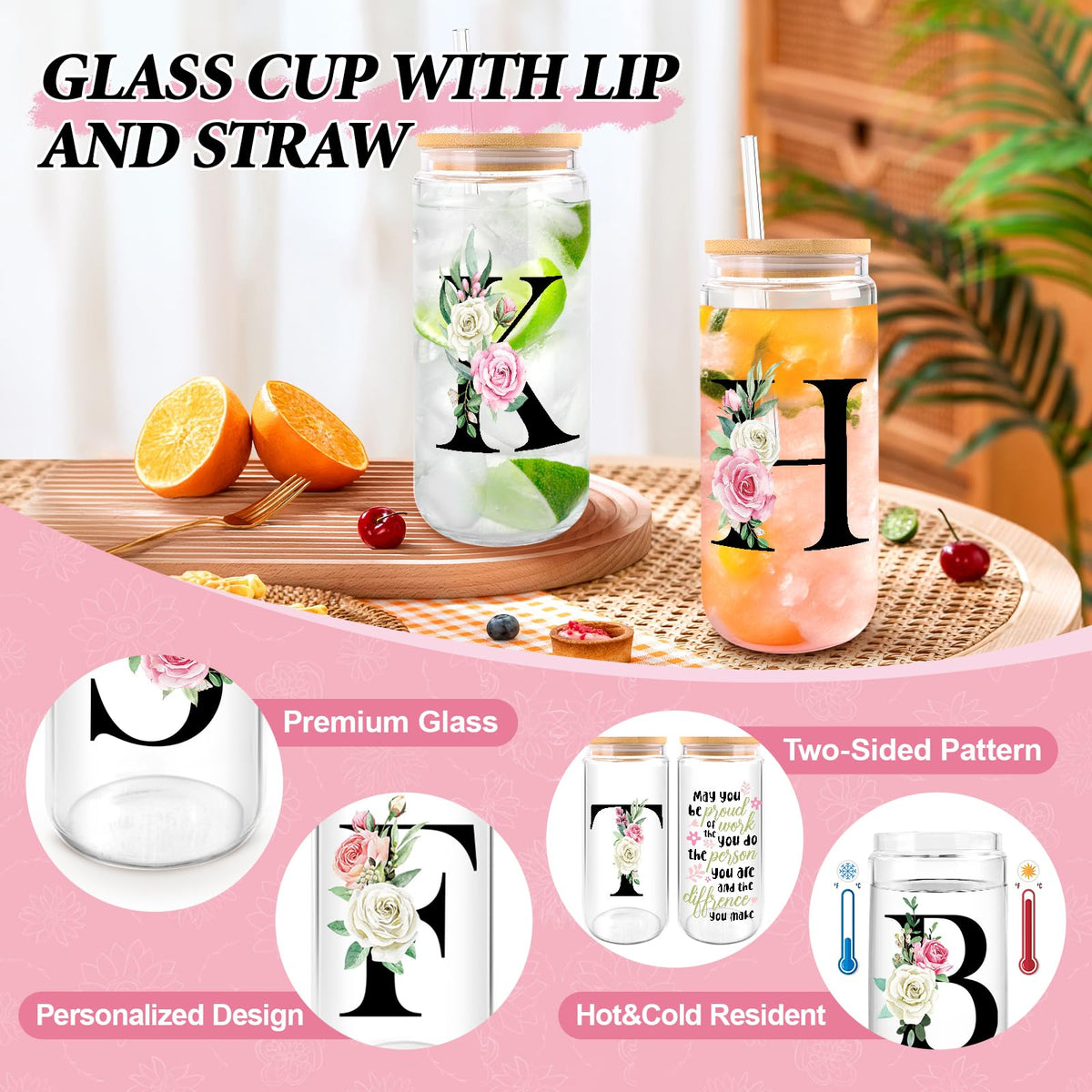 WINOWIMO Initial Glass Cups with Lids and Straws, Personalized Gifts for Women, Iced Coffee Cup Glass Tumbler, Birthday Bridesmaid Proposal Inspirational Customized Gifts for Her Girls (S)