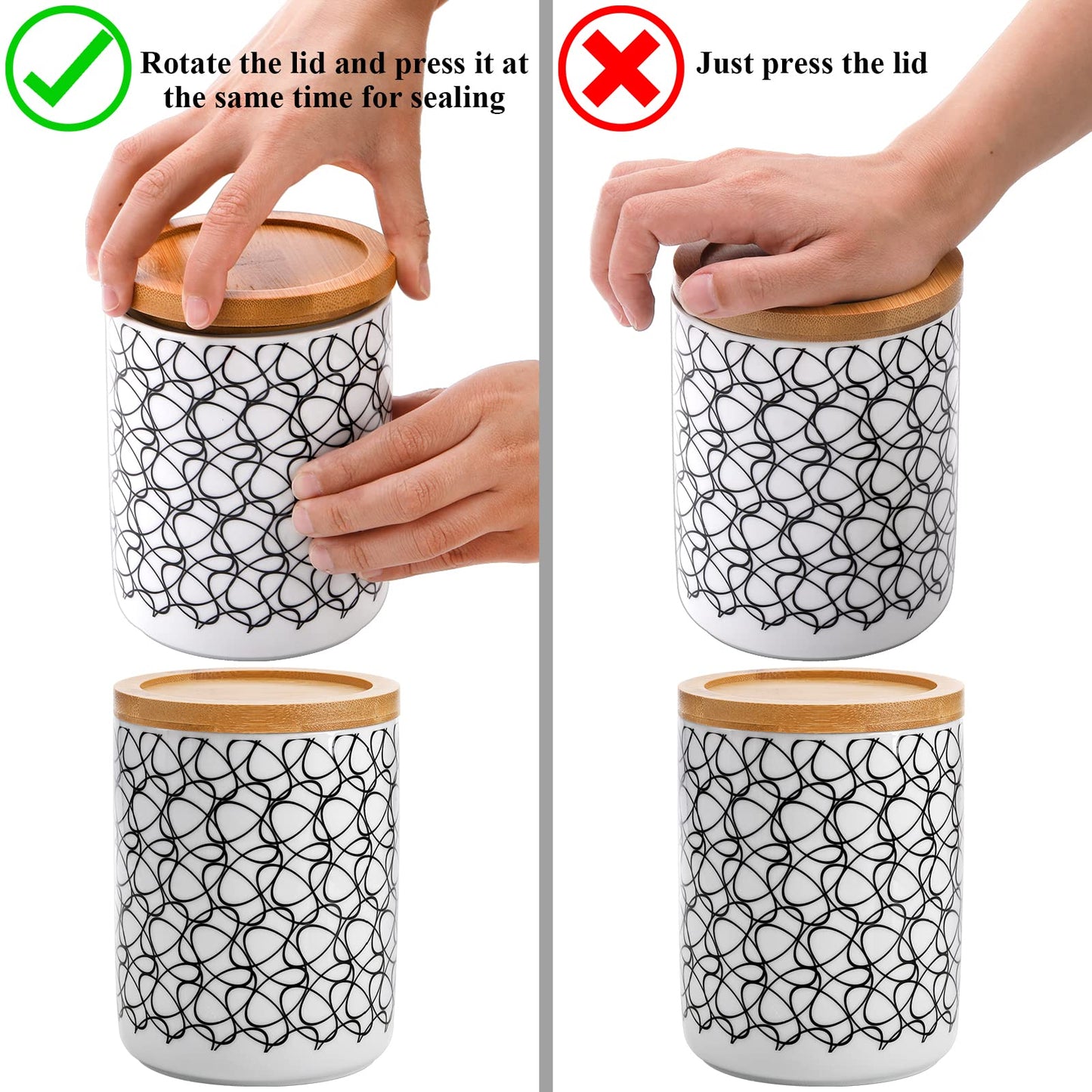 Yesland Ceramic Kitchen Canisters Set of 3, 24oz Airtight Food Storage Jars with Bamboo Lids, Round Coffee Tea Sugar Containers, Lead-Free Dishwasher Safe, Black Flower Pattern