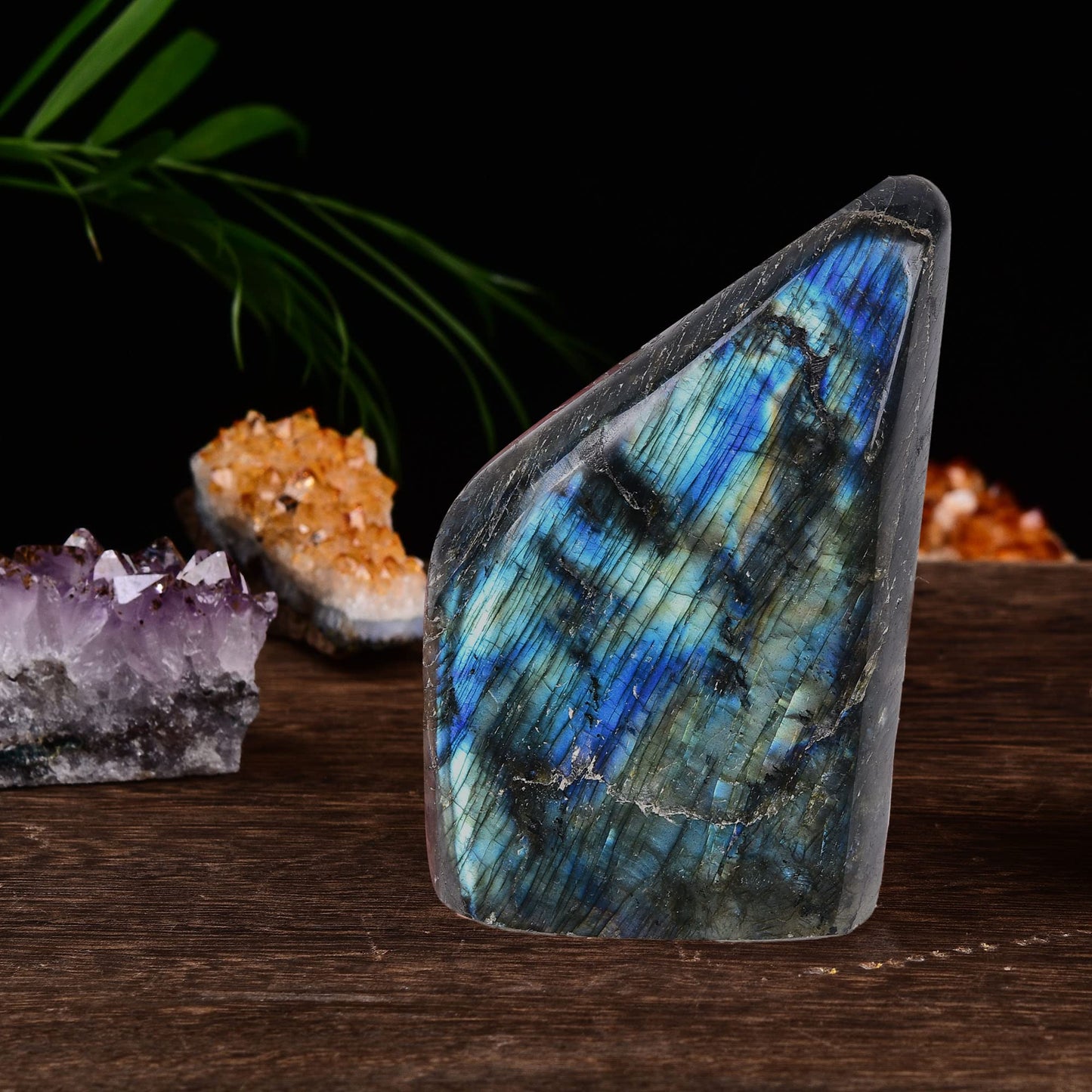 AMOYSTONE Decorative Stone Natural Labradorite Polished Rock Slab Crystal Aura Healing Reiki Home Decor Large 1.3-1.7 LBS