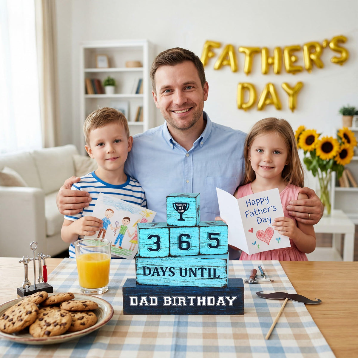 365 Days Dad Birthday Countdown Wooden Tiered Tray Decor, Father Day Decorations Gifts for Home, Daddy Papa Pop Grandpa Table Centerpiece for Office Kitchen Office