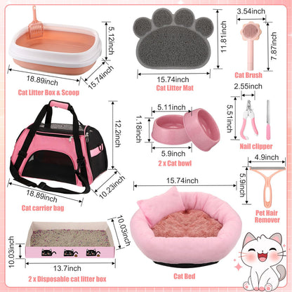 40 Pcs Kitten Starter Kit for Indoor Cats Include Litter Box, Carrier, Cat Bed, Climbing Post, Scratch Pad, Hammock, Feed Bowls, Mat, Collars, Nail File and More for Kitten Supplies Welcome Gift(Pink)