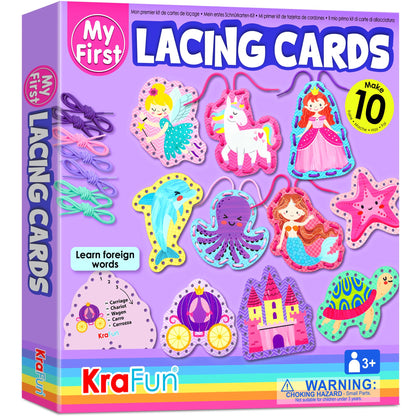 KRAFUN Beginner Unicorn My First Lacing Card Kit for Kids Arts & Crafts, 10 Easy Princess, Mermaid, Lacing Projects, Toddlers Lace Project, Fine Motor Preschool Skills Toys