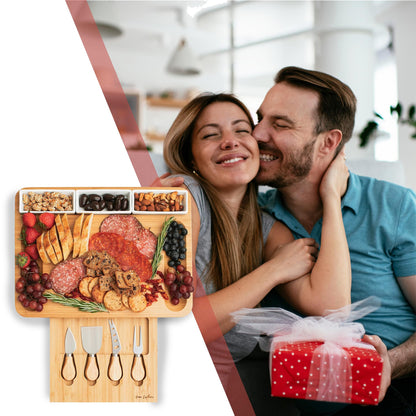Home Euphoria Large Bamboo Charcuterie Board and Knife Set - Cheese Board with Bowls, Beautiful Gift for Mom