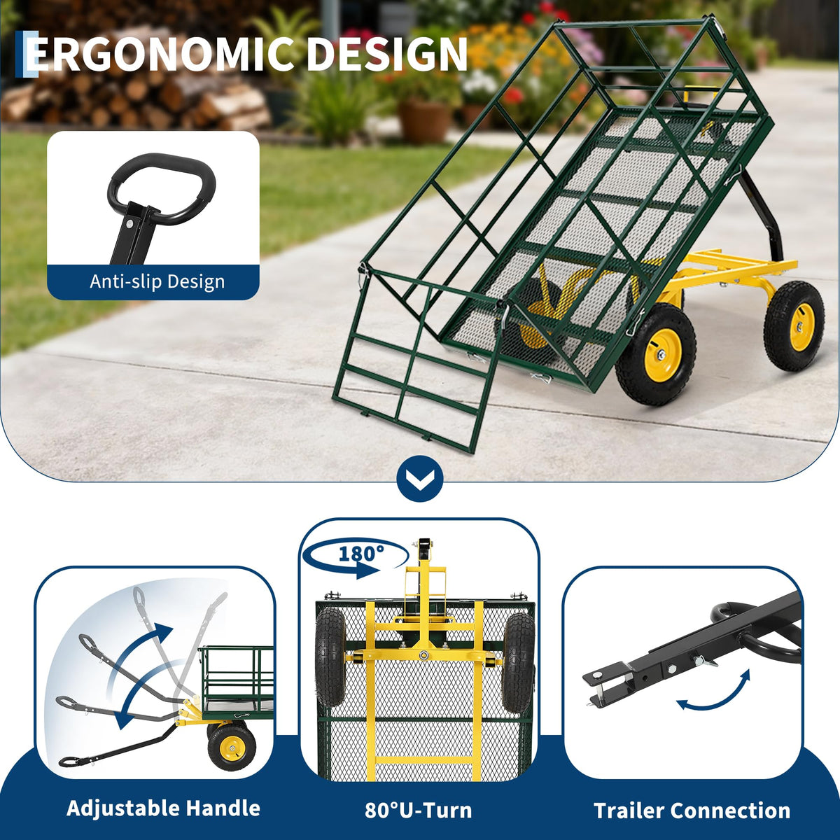 Heavy Duty 1500 Lbs Capacity Mesh Steel Garden Cart Folding Utility Wagon with Removable Sides, Garden Cart on Wheels for Gardening Soil, Tools, and Plant Transport