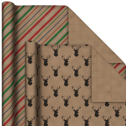 Hallmark Recyclable Christmas Wrapping Paper for Kids with Cut Lines on Reverse (4 Rolls: 88 sq. ft. ttl) Kraft Brown with Christmas Lights, Deer, Snowflakes, Red, Green, Blue Stripes (0005JXW1212)