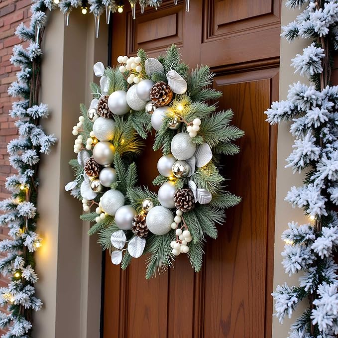YULETIME 20-inch Christmas Wreath, Battery Operated Holiday Wreath with 20 Fairy Lights, Silvery Baubles, White Berries, Pine Cones, Silvery Leaves, Frosted Spruce Branches & Pine Needles (Silver)