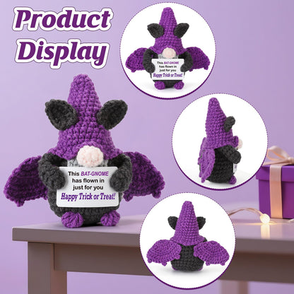 Weming Halloween Treats Non Candy, Crochet Purple Bat Gnome with Greetings, Halloween Toy Gifts, Goodie Bag Stuffers in Treat Bag & Boo Basket