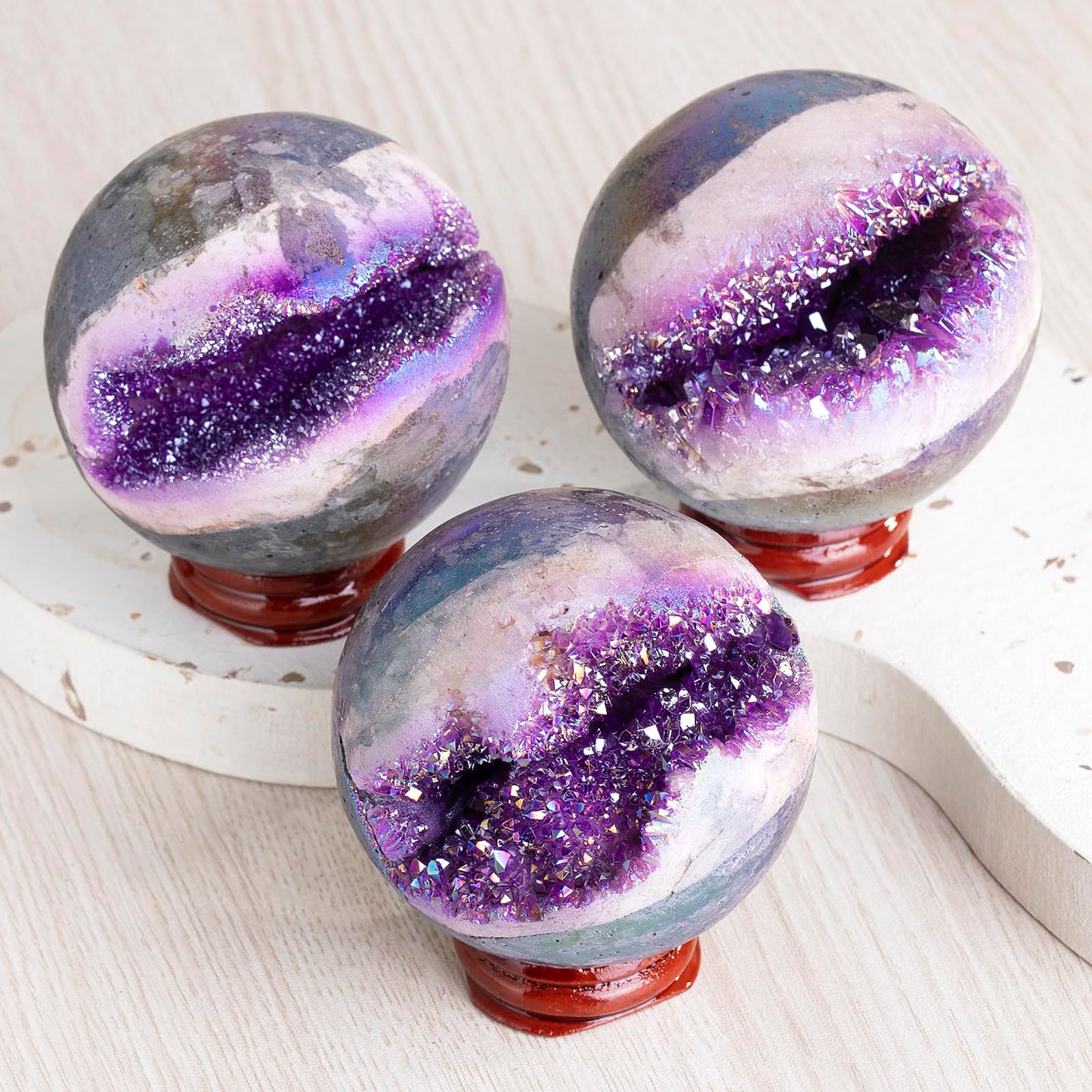 SUNYIK 61-70mm Purple Titanium Coated Quartz Geode Ball Sphere with Stand Crystal Opening Cornucopia Orb Ball Cluster Specimen Display for Decor Feng Shui Meditation