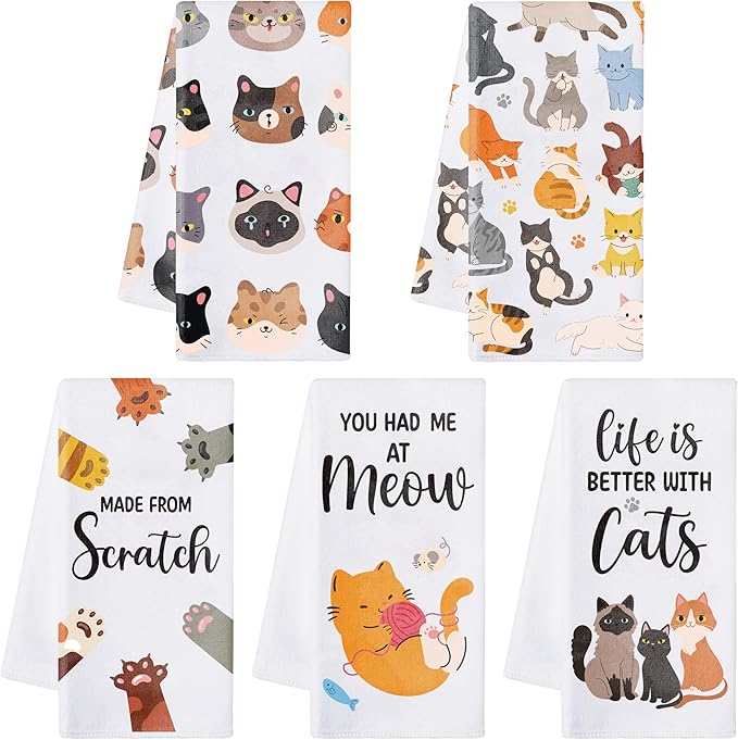 R HORSE 5Pcs Funny Kitchen Dish Towels, Cute Cat Dishcloths Gift, Absorbent