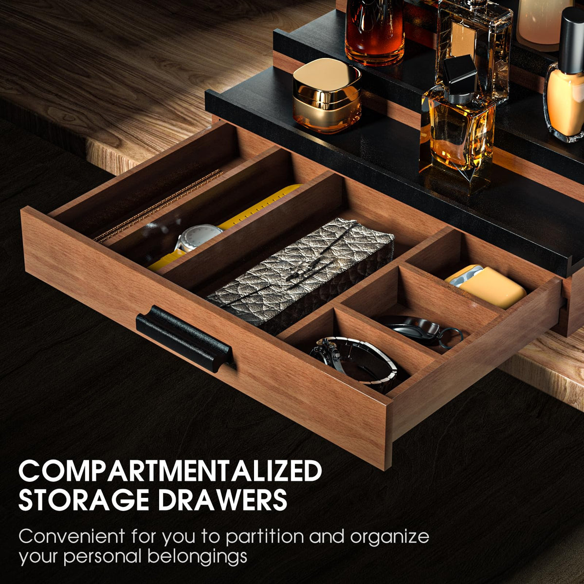 Sephyroth Cologne Organizer for Men 4 Tier of Elevated Cologne Display Shelf with Drawer Storage Perfume Organization and Storage Display Risers,Great Gift for Man(4Tier-WalnutBalck)