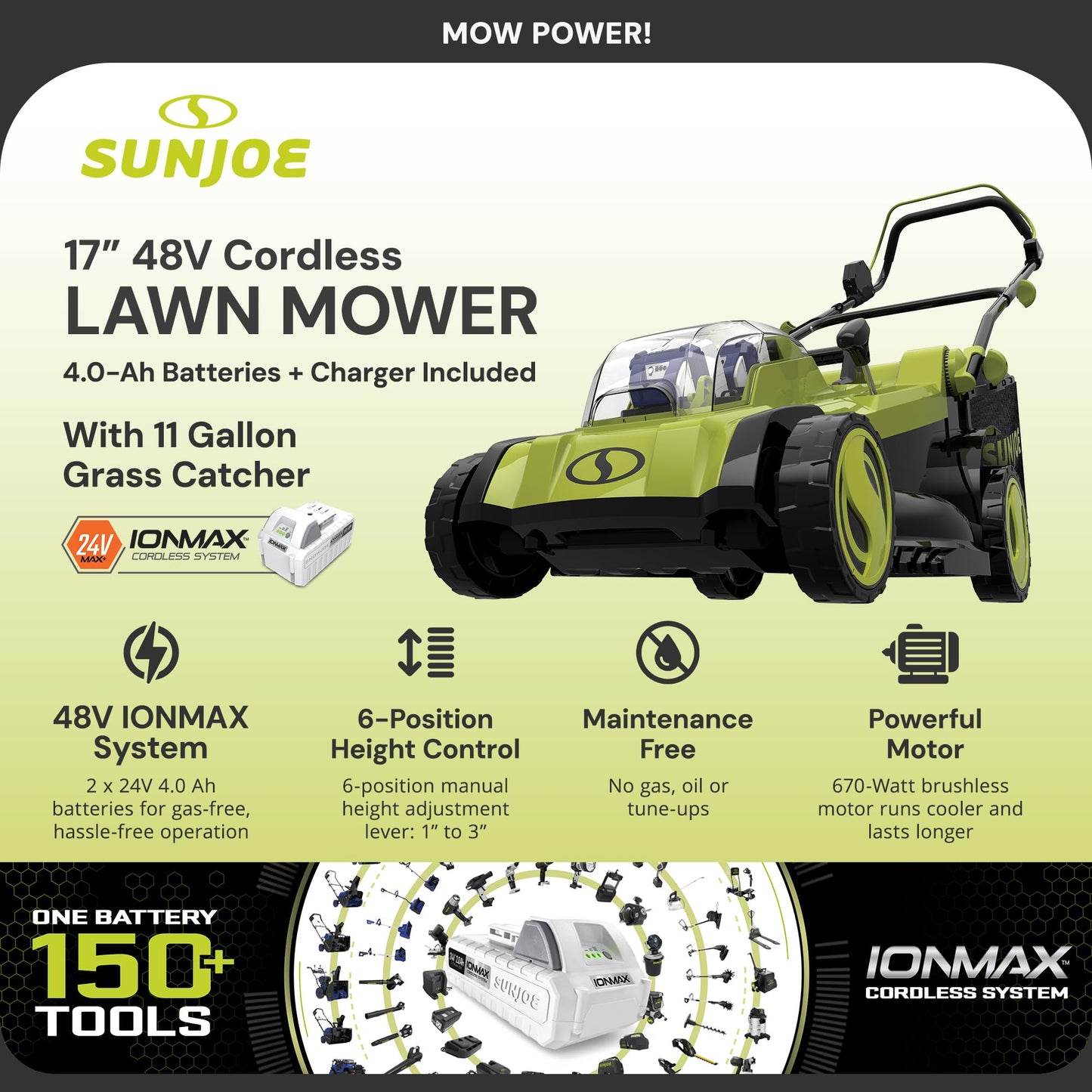 Sun Joe Cordless Electric Push Lawn Mower with 6-Position Height Adjustment, 11-Gal Bag, 17-Inch Cutting Width - Heavy-Duty Yard Trimmer for Gardening Care and Maintenance, 24V-X2-17LM