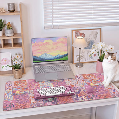 iCasso Floral Desk Pad Mat, Large Mouse Pad, Desk Matt for Desktop, Anti-Slip XXL Big Mousepad with Stitched Edges for Computer Keyboard (Rose Pink)