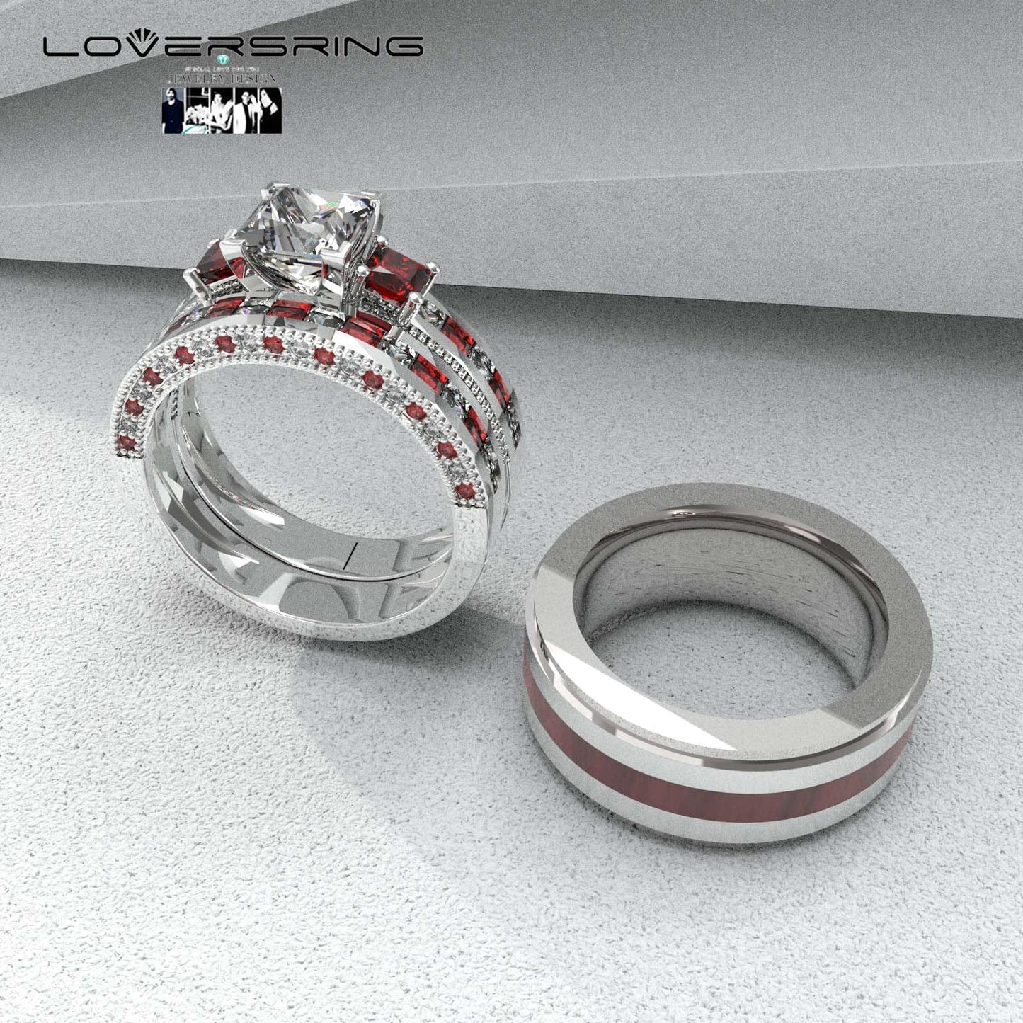 TWO RINGS Wedding Ring Sets His And Hers Promise Ring Couples Bridal Sets Women 925 Sterling Silver Red Ruby Man Titanium Brushed Finished Wedding Band