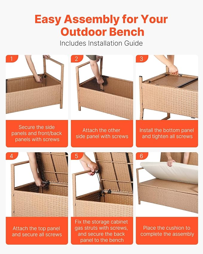 VEVOR Outdoor Storage Bench, 2-Person PE Rattan Storage Bench, 70 Gal Deck Box with Cushion, Supports up to 265 lbs, Weatherproof Outdoor Seating & Porch Decor for Patio Garden Balcony Yard