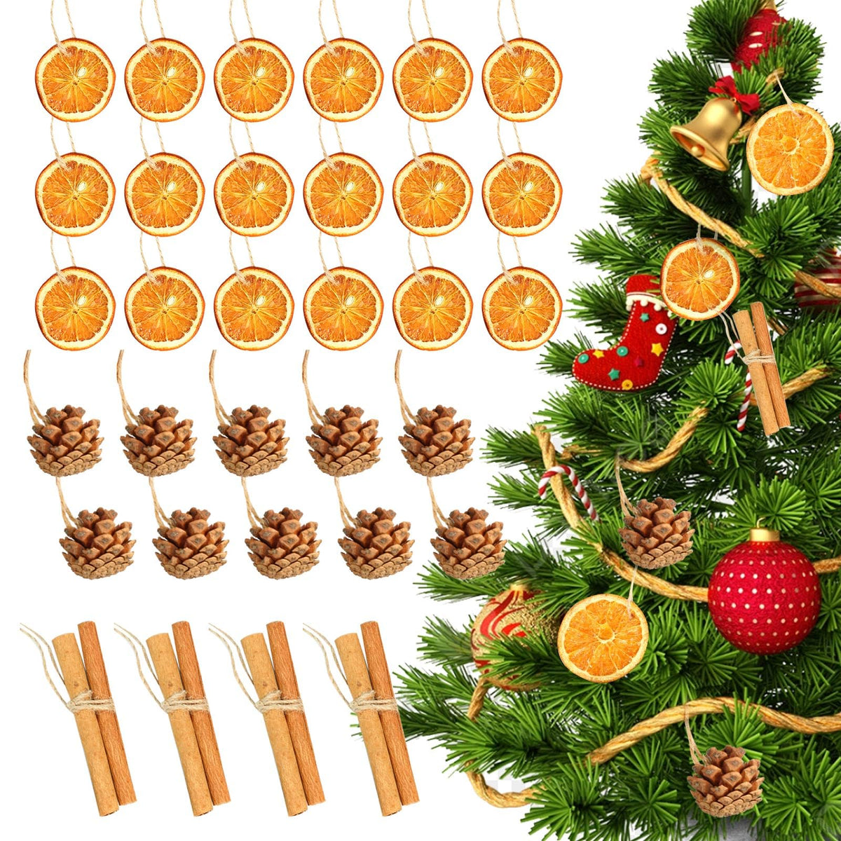 31 Pcs Christmas Ornaments Set, Natural Dried Orange Slices, Cinnamon Sticks and Pinecones, Pre-Tied Jute for Xmas Tree Hanging Decor, Rustic Holiday DIY Crafts