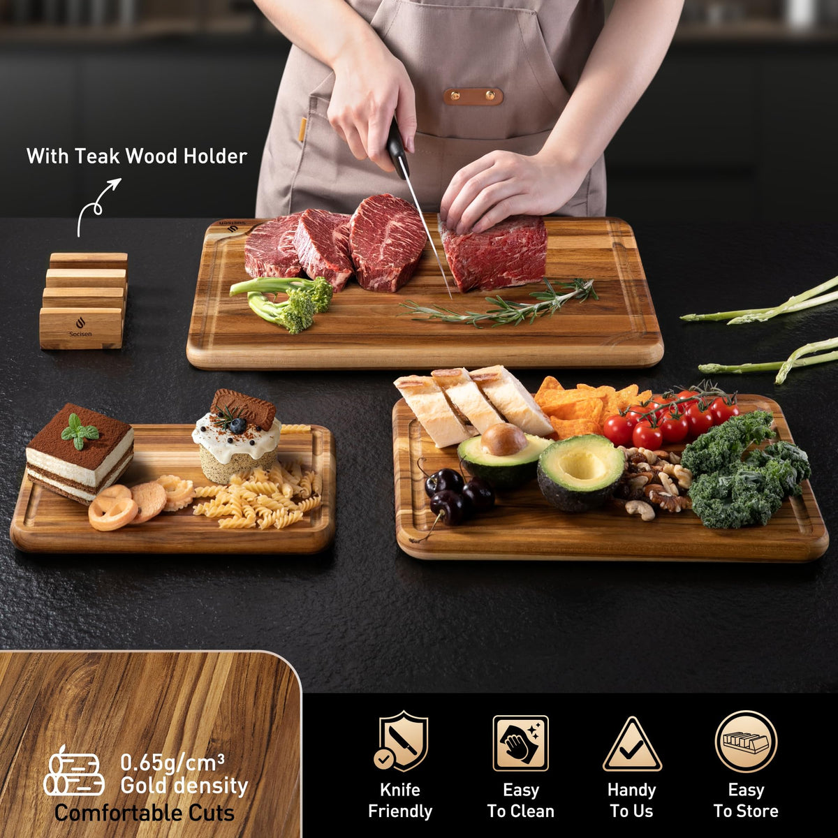3 Pack Teak Wood Cutting Board Set for Kitchen Charcuterie Board Serving Heavy Duty Non Toxic Slip Over Sink Solid Thick Haus Wooden Chopping Board Large Big Small Meat Best Kitchen Mother Gift
