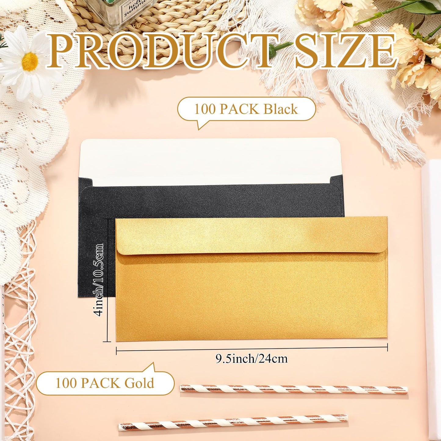 TaoBary 200 Pcs #10 Gold Black Envelopes Business Envelopes Letter Size 4-1/8 x 9-1/2 Inch Self Adhesive for Office Check Letter Mailing Invoices New Year Valentine Wedding Graduation Party Supplies