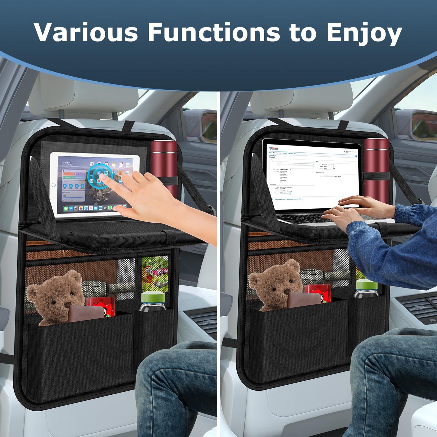 Oneyus Car Seat Organiser, Car Organiser Large Car Organiser Back Seat for Kids Multifunctional Waterproof Car Back Seat Organiser with Folding Table, Tablet Pockets and Many Pockets