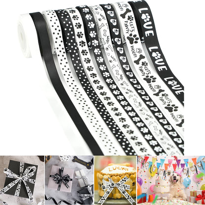 HUIHUANG Paw Print Bone Satin Ribbon Assortment - Black and White, 3/8" & " 5/8" Inch, 10 Rolls 50 Yards - Assorted Ribbon for Crafts, Dog Party Supplies, Gift Wrapping & Decoration