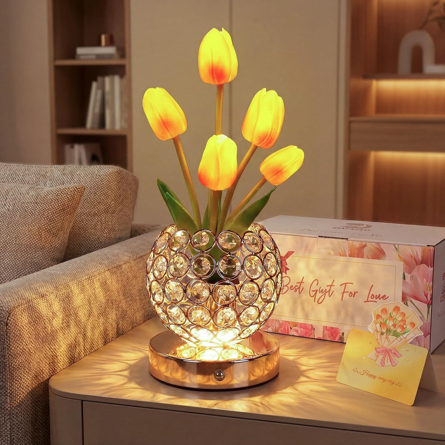 Birthday Gifts for Women Mothers Day Gifts For Mom Table Lamp, 3 Color Crystal Flower Bedside Lamps Infinitely Dimming with USB Charge Small Night Light,Nightstand Touch Lamp for Bedroom (gold-tulip)
