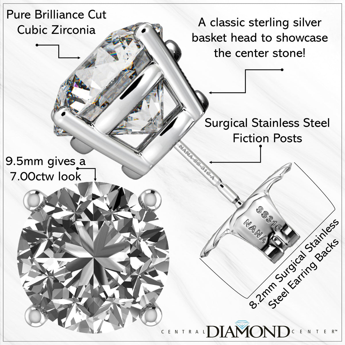 Central Diamond Center Round Simulated Diamond Stud Earrings Hypoallergenic Metal & Sterling Silver CZ - 9.50mm (7.00cttw) Yellow
