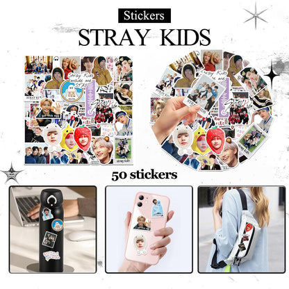 Japior Stray Kids Gifts Set,Including Drawstring Bag, 8 Cartoon Badges,50 Stickers,8 Photocards,3 Themed Bracelets, Necklace,Earrings, Keychain,Straykids Lanyards for Fans