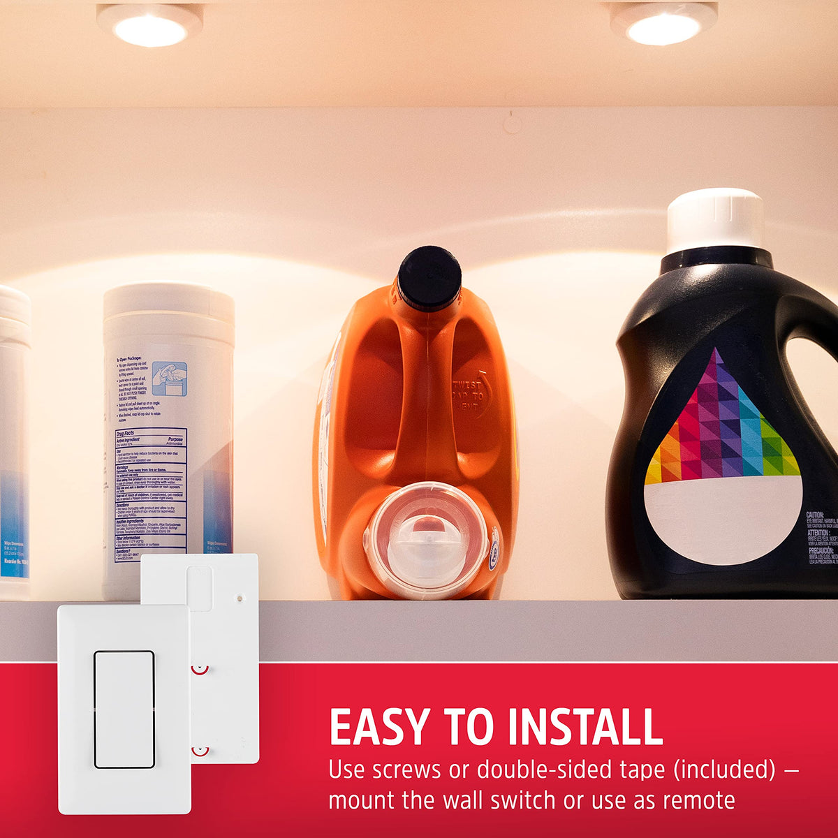 Energizer LED Puck Lights, Wall Switch Remote, 2 Pack, Battery Operated, Under Cabinet Lighting, Wireless Lights, 50 ft Range, Perfect for Kitchen Under Cabinet, Laundry Room, and More, 58822-T1