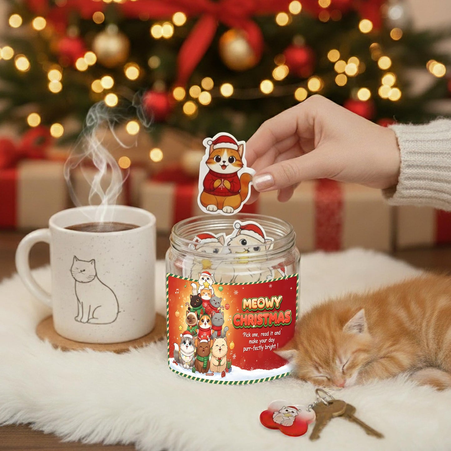 Meowy Christmas Jar with 60 Positive Cat Affirmation Cards, Gifts for People Who Love Cats, Cat Gifts for Women, Teens, Friends, Sisters, Emotional Support Cats, Christmas Gift Ideas Stocking Stuffers