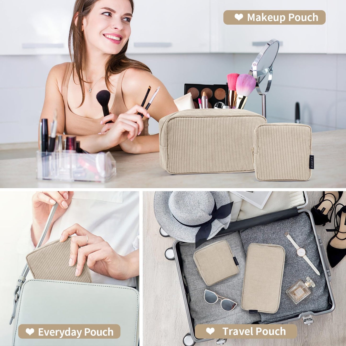 Makeup Bag, MAGEFY 2 Pcs Small Makeup Bag for Handbag Corduroy Pouch with Compartments Travel Makeup Cosmetic Bag for Women (Beige)