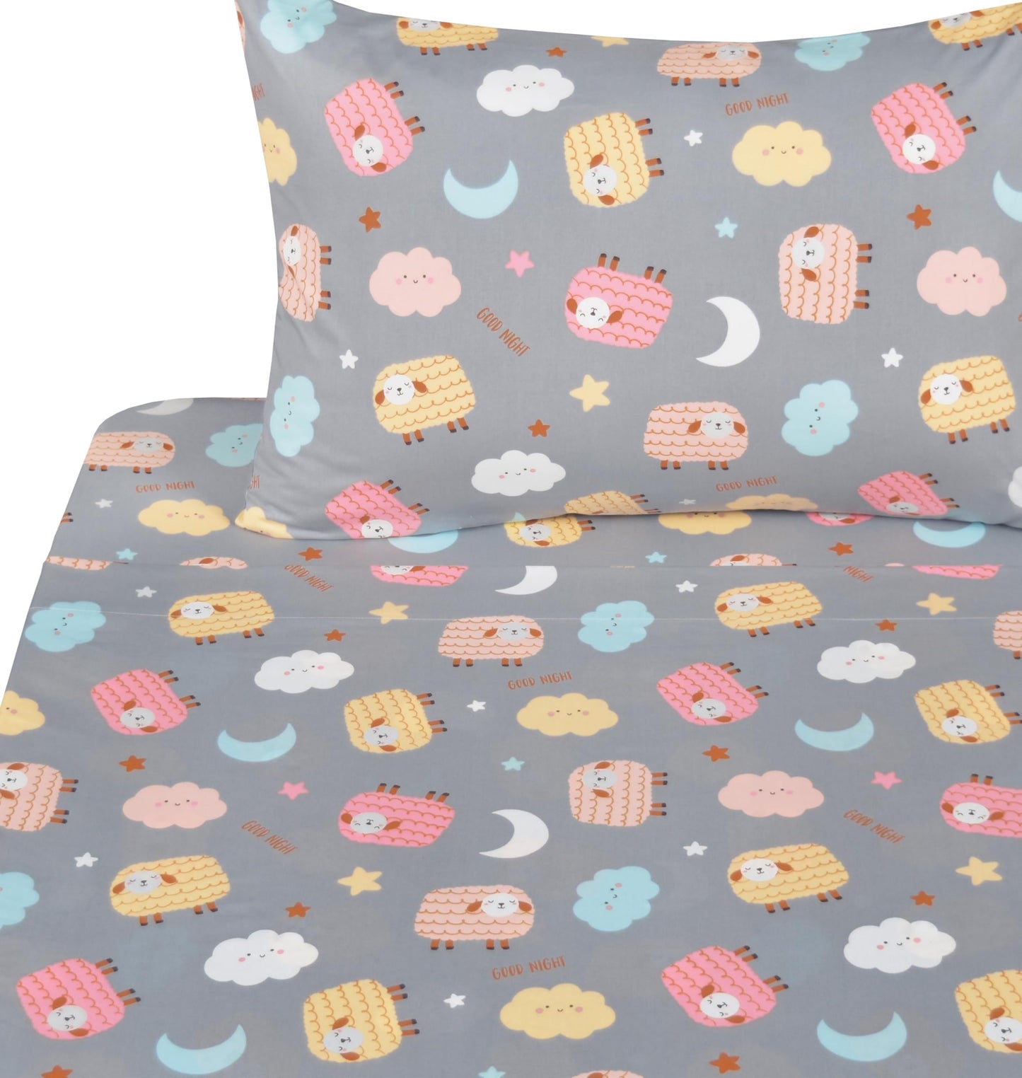 J-pinno Sheeps Cloud Moon Night Sleepy Sweet Dream Cute Cartoon 100% Cotton 3 Pieces Twin Sheet Set for Kids Girls Boys Children Flat Sheet + Fitted Sheet + Pillowcase Bedding Decoration Gift Set
