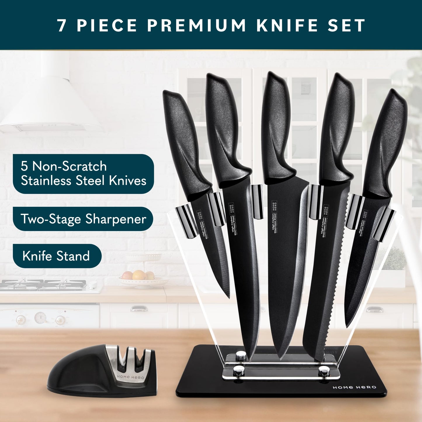 Home Hero Kitchen Knife Set with Sharpener - High Carbon Stainless Steel Knife Block Set with Ergonomic Handles (20 Pcs - Acrylic Black)