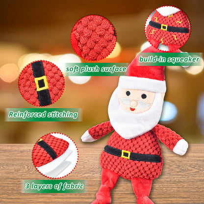 LECHONG Christmas Dog Toys, 4pcs Stuffed Dog Squeaky Toys for Teething and Chewing, Tough Xmas Gift Toy Bundle Santa Toys for Small Large Dogs Puppy