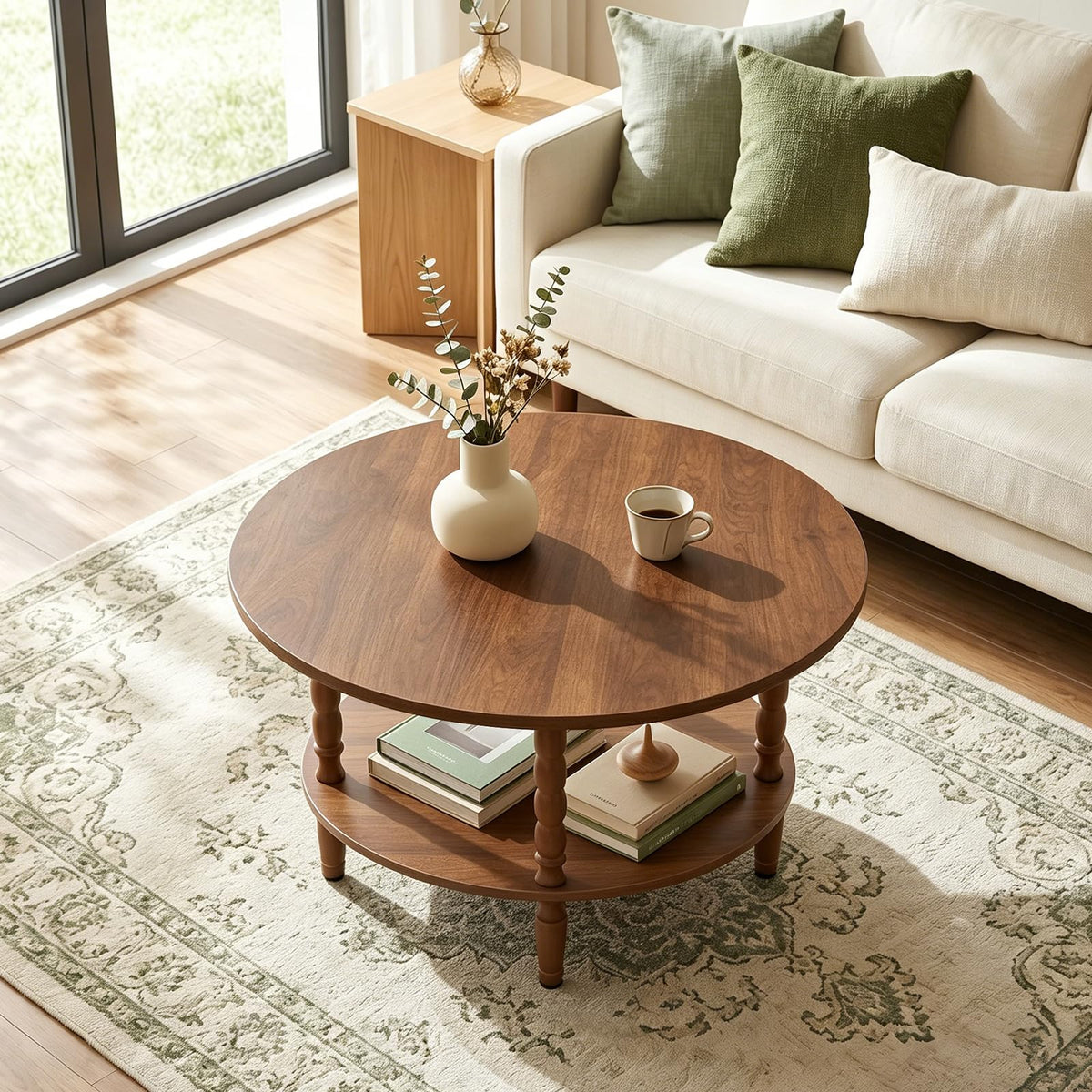 HOOBRO Coffee Table, 2-Tier Round Coffee Table, Mid-Century Modern Coffee Table for Living Room, Center Table with 2-Tier Open Storage Shelf, Home Office, Walnut WL75KF01