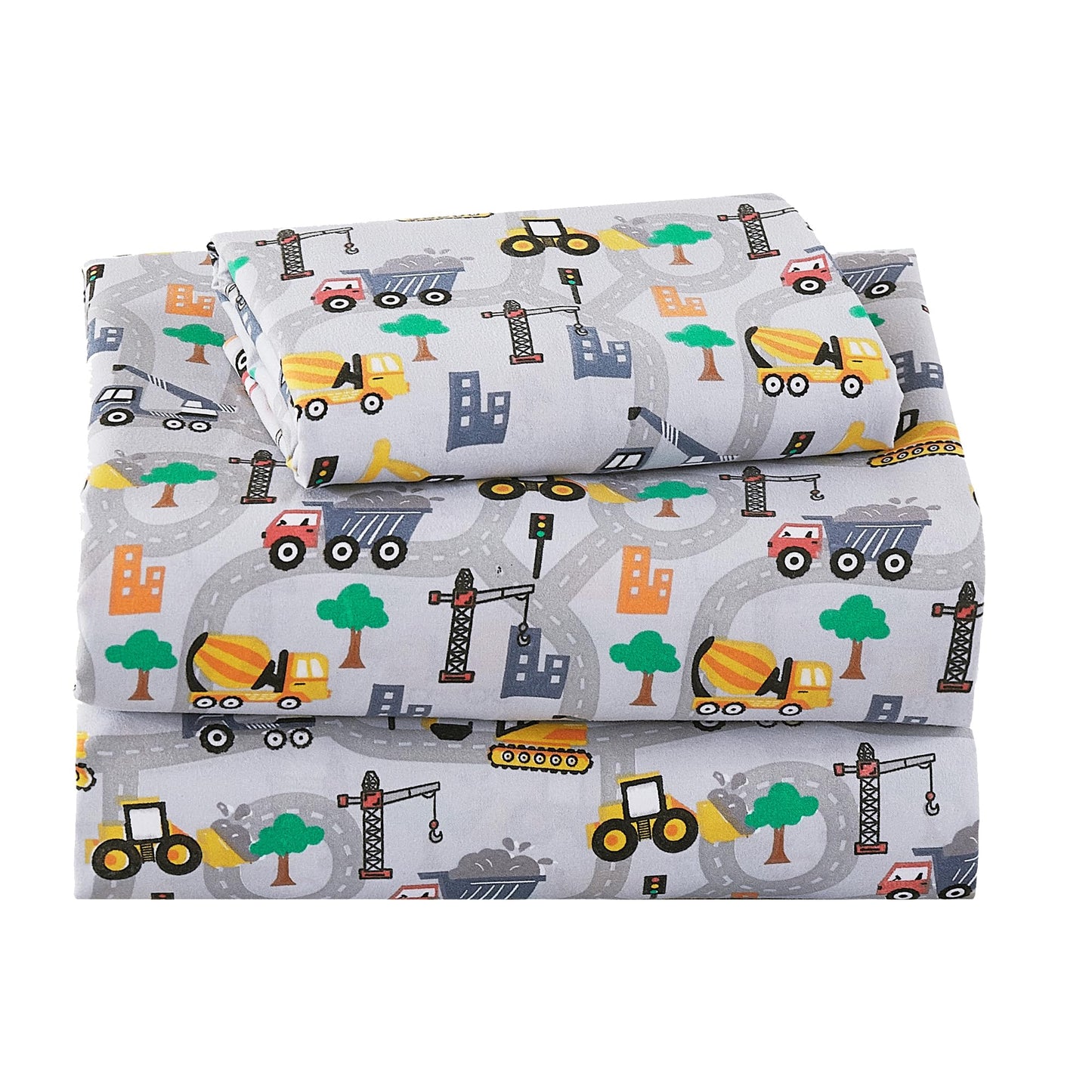 Softan Kids Bed Sheet Set, 3-Piece Twin Sheets Set, Microfiber Fitted Sheet with 15 Inches Deep Pocket and Corner Straps, Breathable & Silky Soft Excavator Pattern Sheet and Pillowcase Sets
